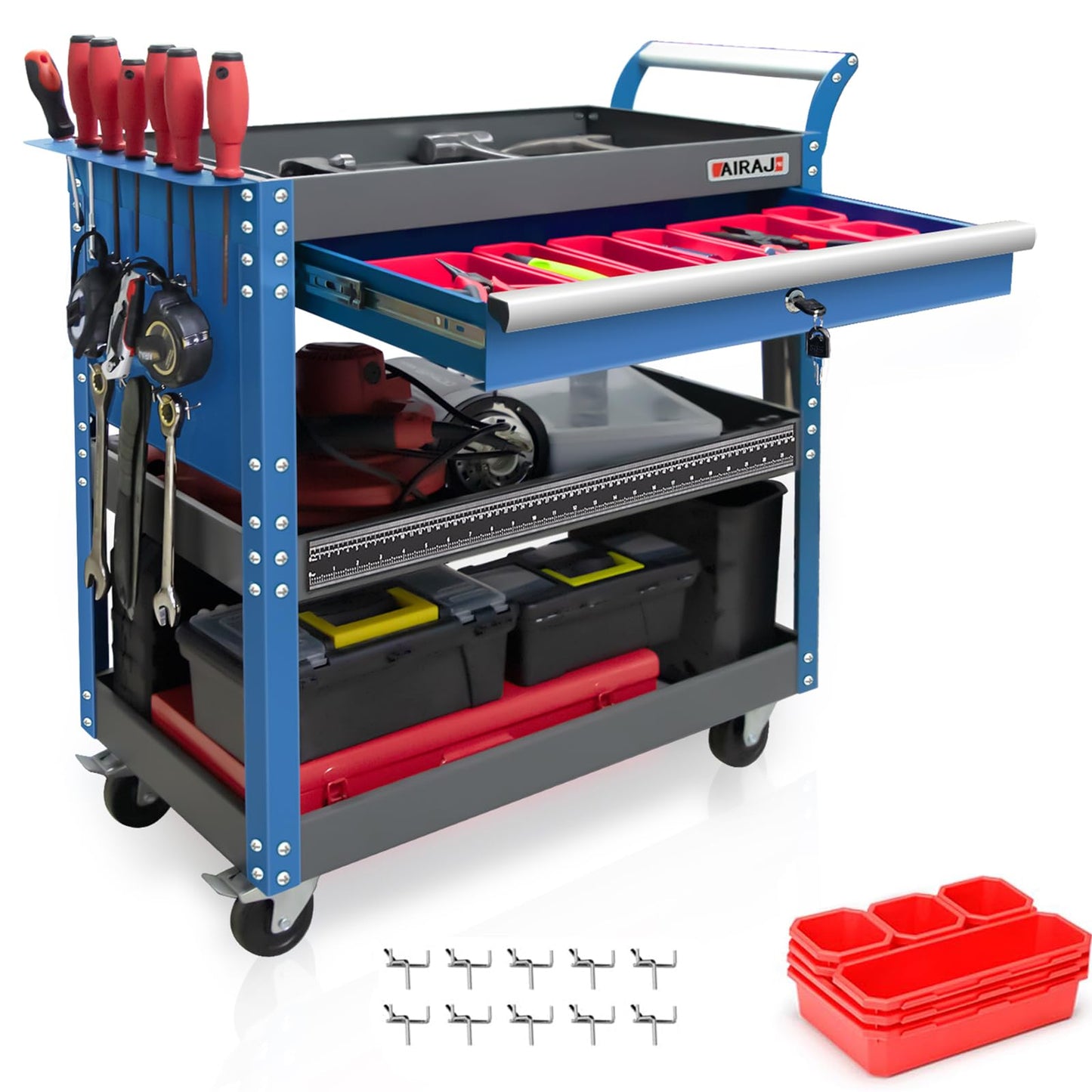 AIRAJ PRO Tool Cart,440LBS Service Cart,4-Tier Tool Cart on Drawers,Hooks,Parts Box and Locking System for Warehouse,Garage,Workshop