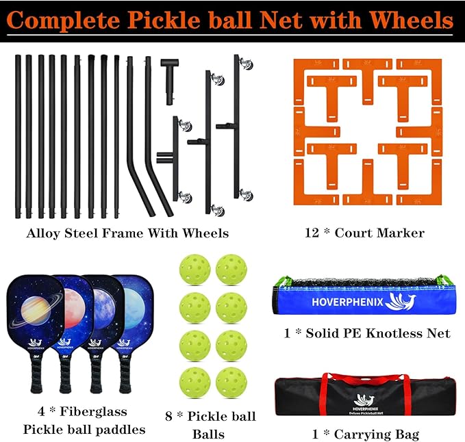 Hoverphenix Pickleball Net for Driveway, 22FT Regulation Size Pickleball Net with Paddles Set of 4, Pickleballs and Carry Bag for Outdoor Indoor Game