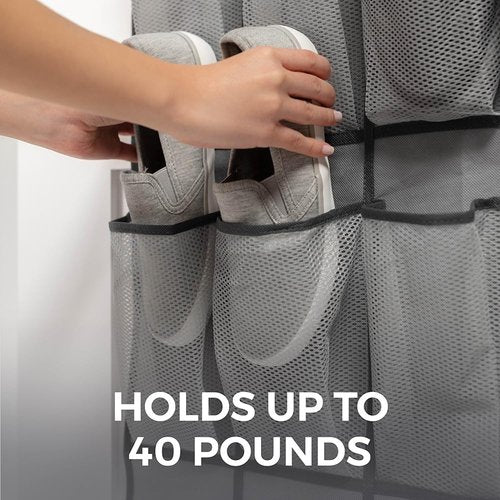 Home Genie Over The Door Shoe Organizer - 24 Breathable Mesh Pockets | Holds Up To 40 lbs, Gray