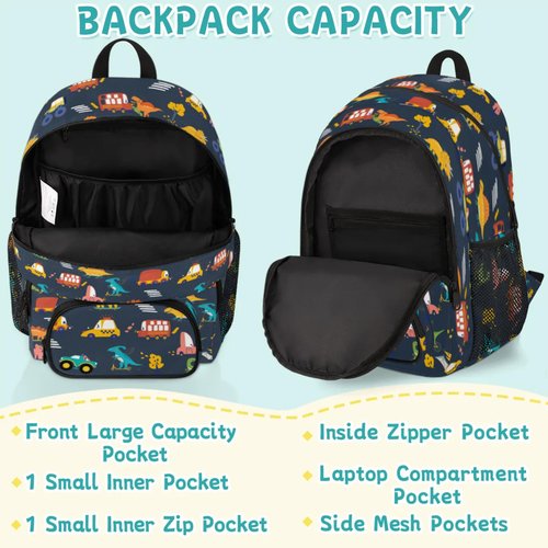 HUXINO Dinosaur Backpack for Kids 5-12, Boys Girls School, Bookbag with Dino & Vehicle Patterns, Lightweight Water Resistant Travel Backpack for Elementary Students