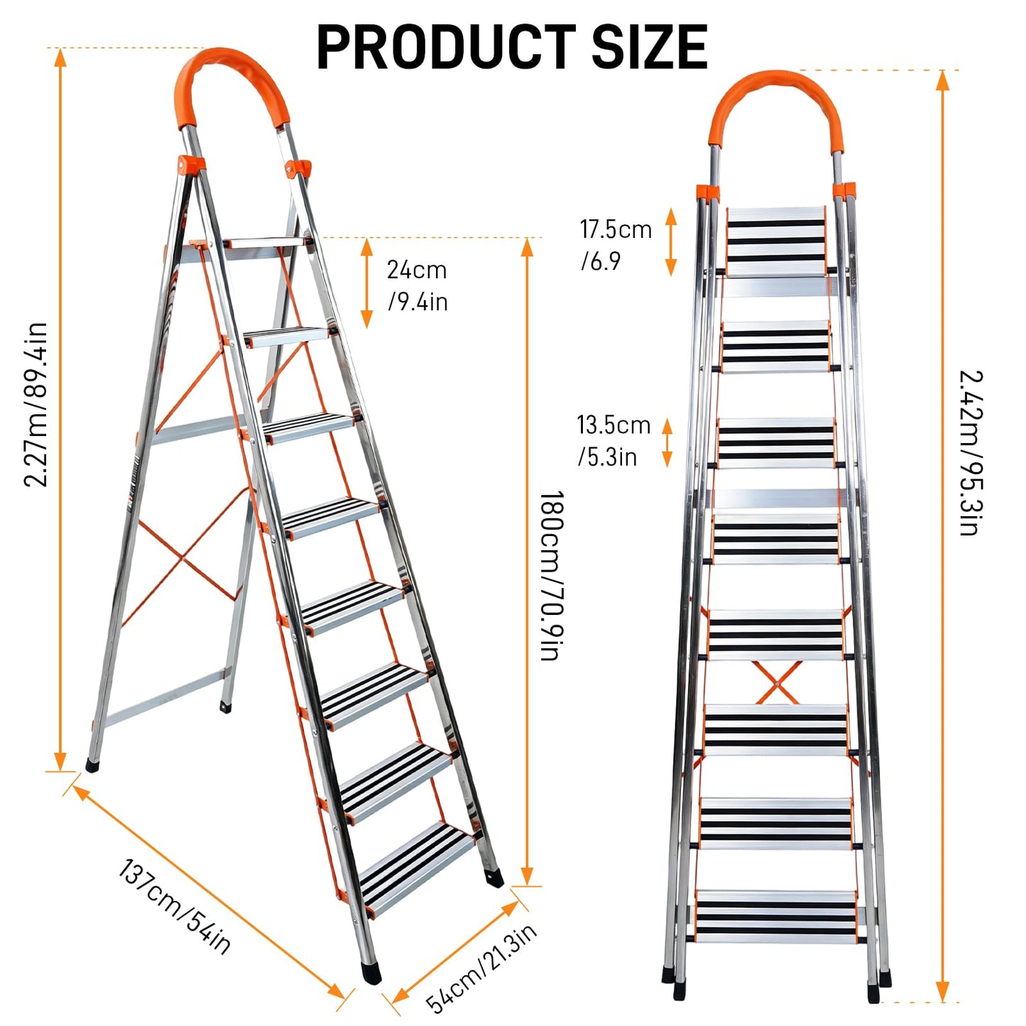 8 Step Ladder, 330lbs Load Capacity, Carbon Steel Step Stool with Non-Slip and Widen Pedals, Step Ladder with Safe Handrail, Space Saving for Home, Kitchen, Indoor & Outdoor