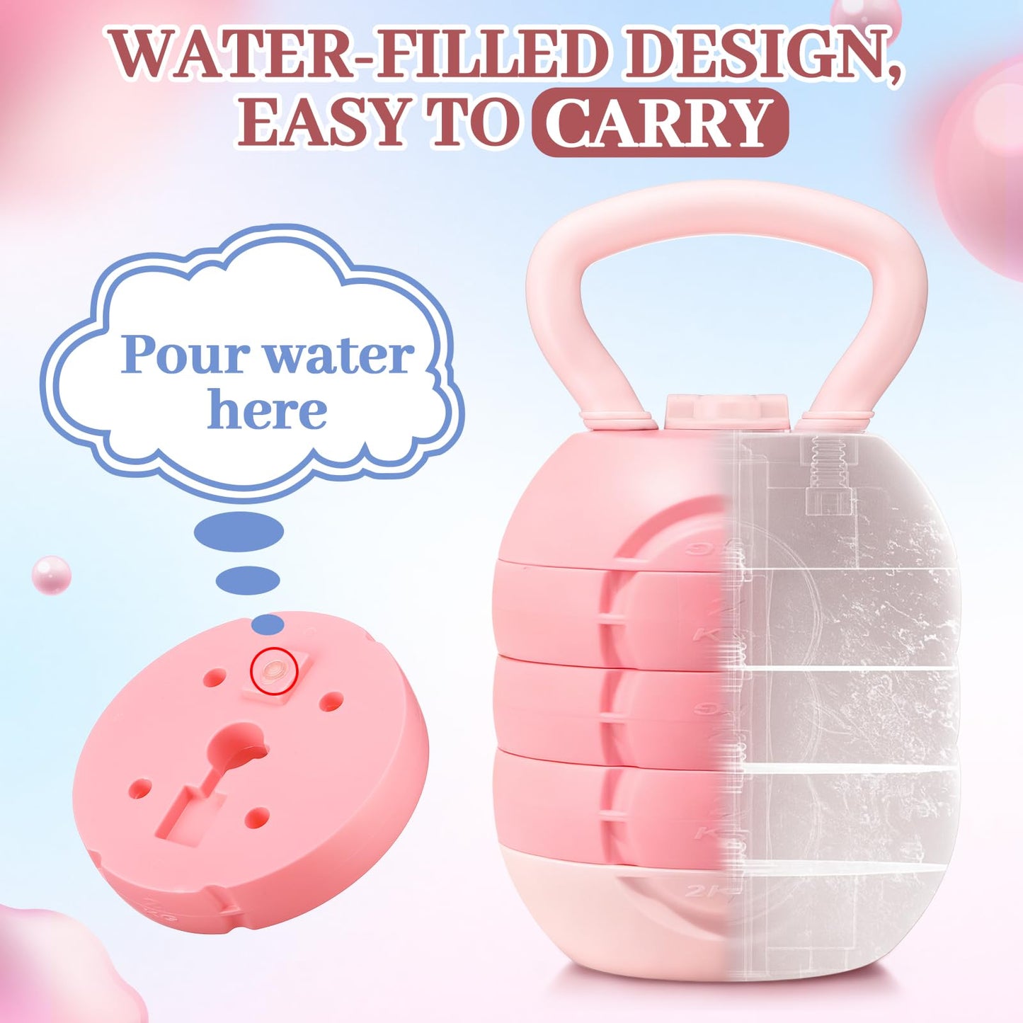 JolliLudo Adjustable Water Filled Kettlebell 5/8/13/17/22 lb Water Filled Kettlebells Weights Set for Home Gym, Kettle Bell Sets for Women at Home and Cross-training Exercise(Pink)