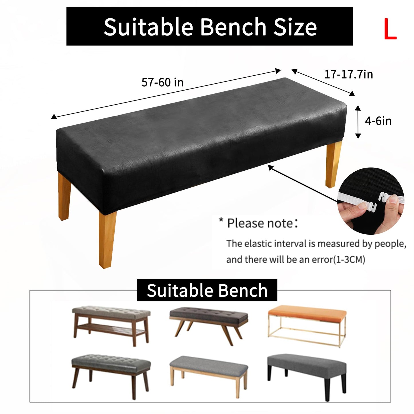 EVOLLER Leather Look Bench Cover 60 inch Long for Dining Room Black 5ft Stretch Bed Bench Seat Slipcover for Bedroom Rectangle Washable-Leather Look Black