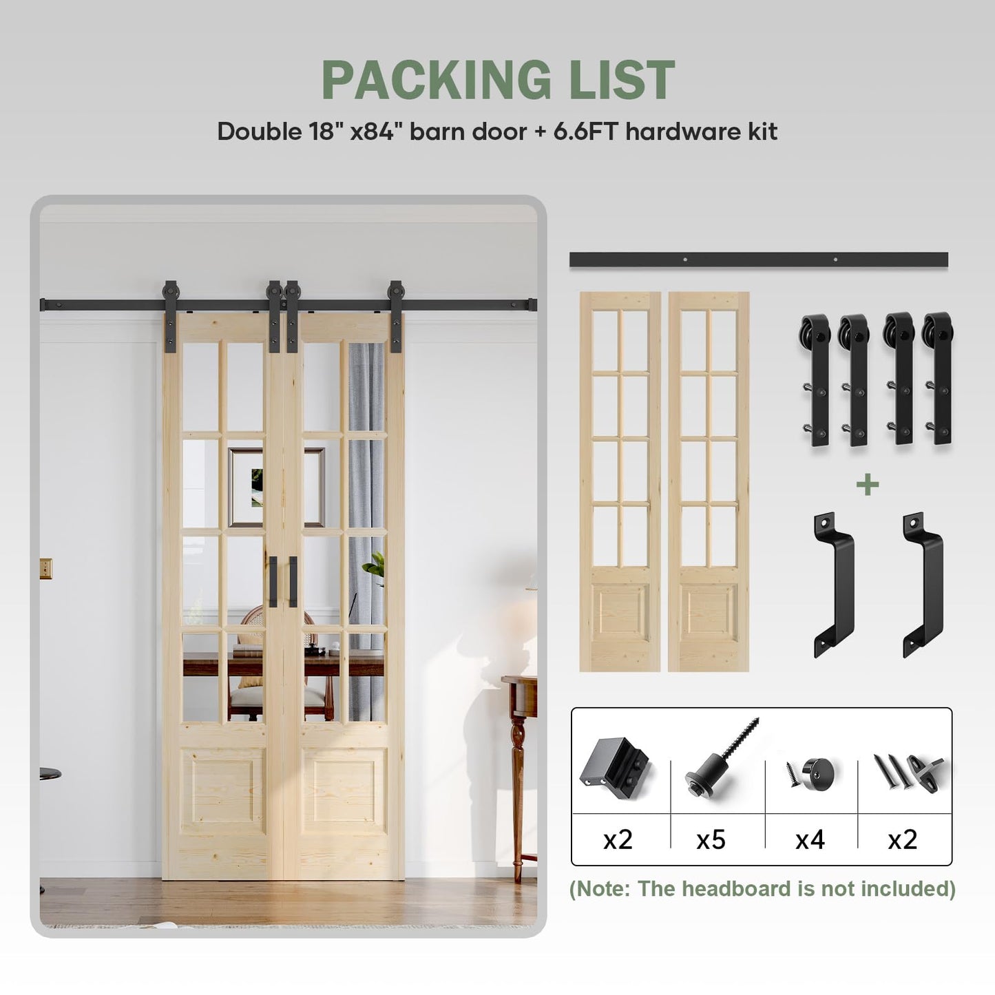 Roymelo Preassembled 30x84 (Double 15x84) Inch Clear Glass French Interior Door with 5.5Ft Barn Door Hardware Kit Included, Spruce Wood Support DIY Dyeing, Easy Assembly，Save time