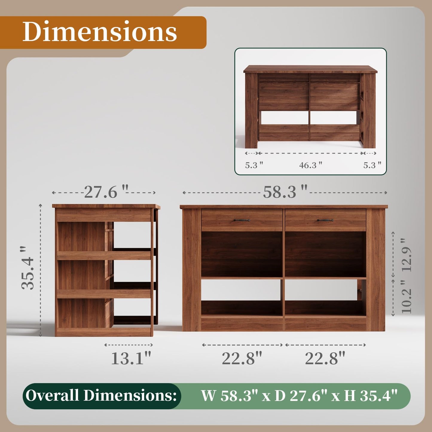 JOYSOURCE Large Farmhouse Kitchen Island with Storage 58 Inches Stationary Kitchen Island with Seating, 2 Drawers, Shelves Bar Table for Kitchen Dining Room Living Room Walnut Wood Grain