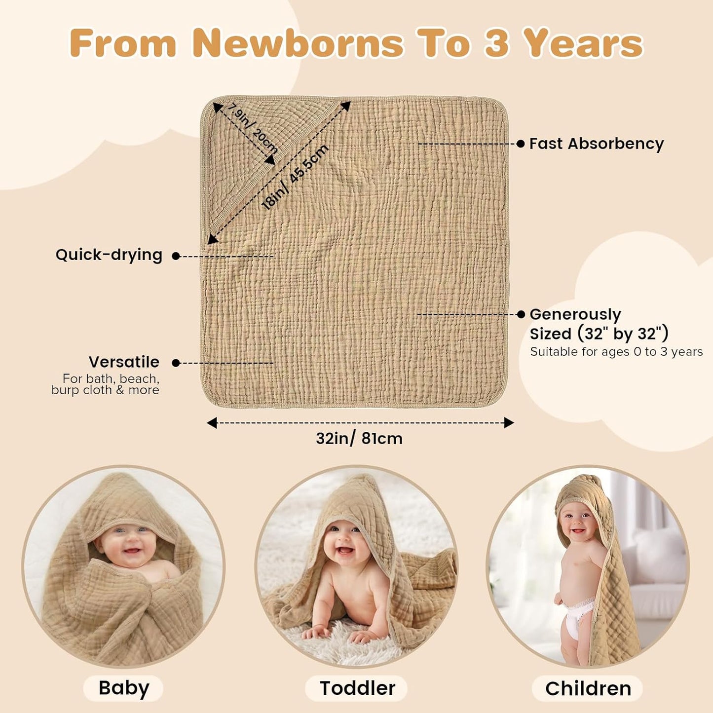 Skiennix Hooded Baby Bath Towels - 100% Muslin Cotton, Soft & Absorbent, 2 Pack, 32x32 Inch