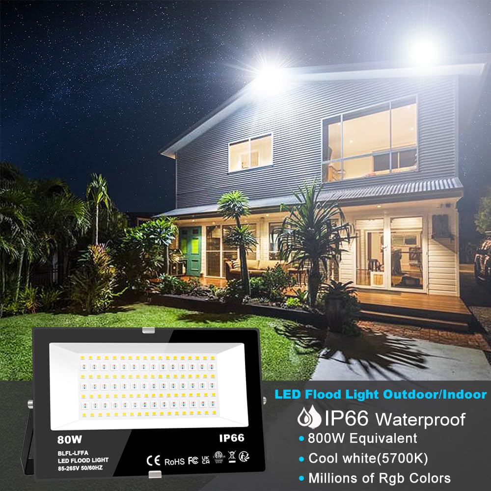 LED Flood Light Outdoor 800W Equivalent 8000LM RGB Landscape Light Controlled by BRmesh APP , No Remote, DIY Scenes - Timing - 5700K Daylight White - Color Changing Uplight, IP66 US Plug MELPO(4 Pack)