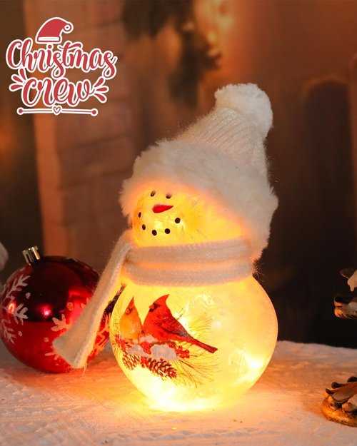 Bdor 8-Inch Snowman Christmas Decoration - Glass Figurine with Cardinal Couple & Warm Glow for Holiday Décor
