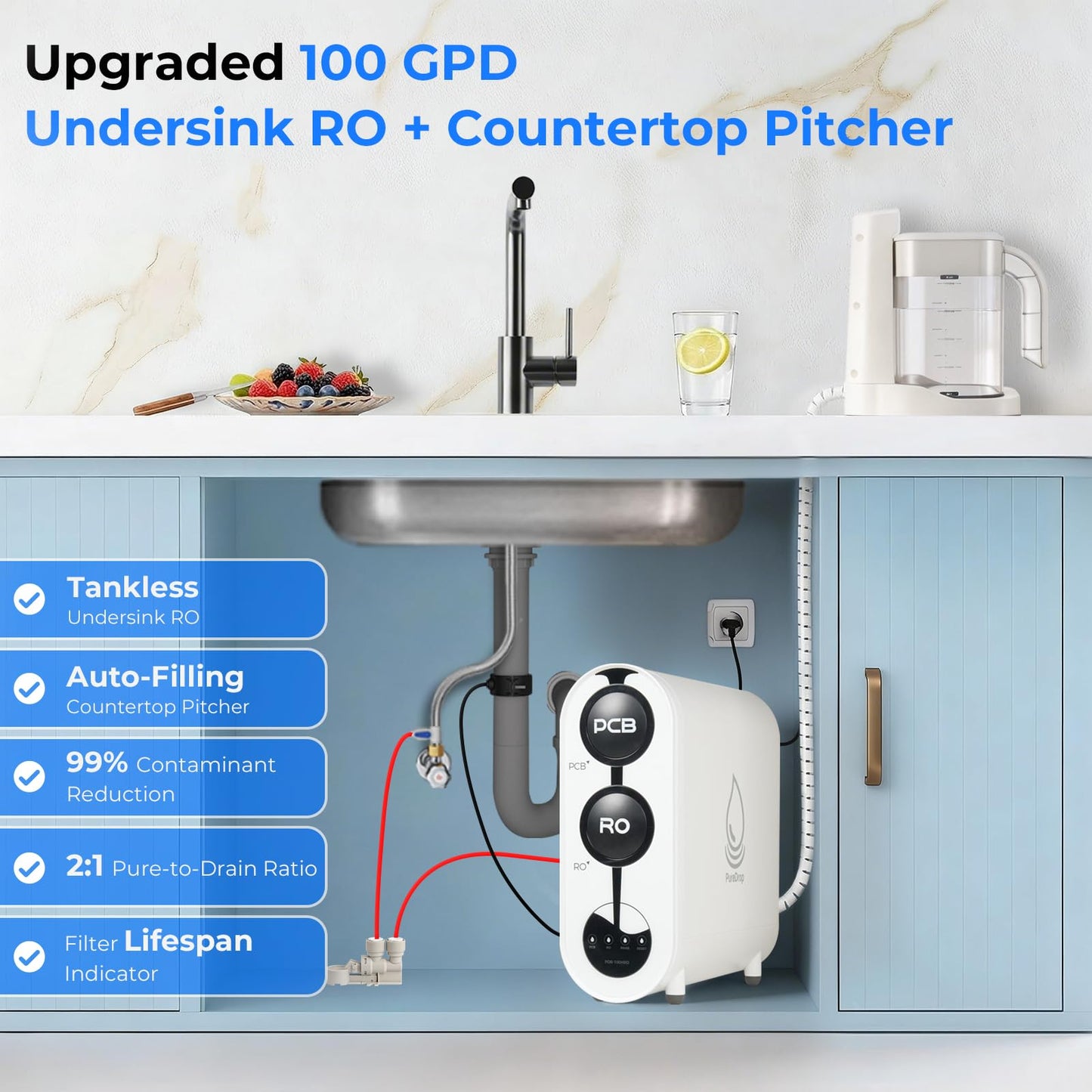 PureDrop PDR-100HRO Under Sink Reverse Osmosis Water Filter with Countertop Pitcher, Filter Life Reminder, 100GPD Tankless RO Water Filtration System, Instant Ready Purified Water