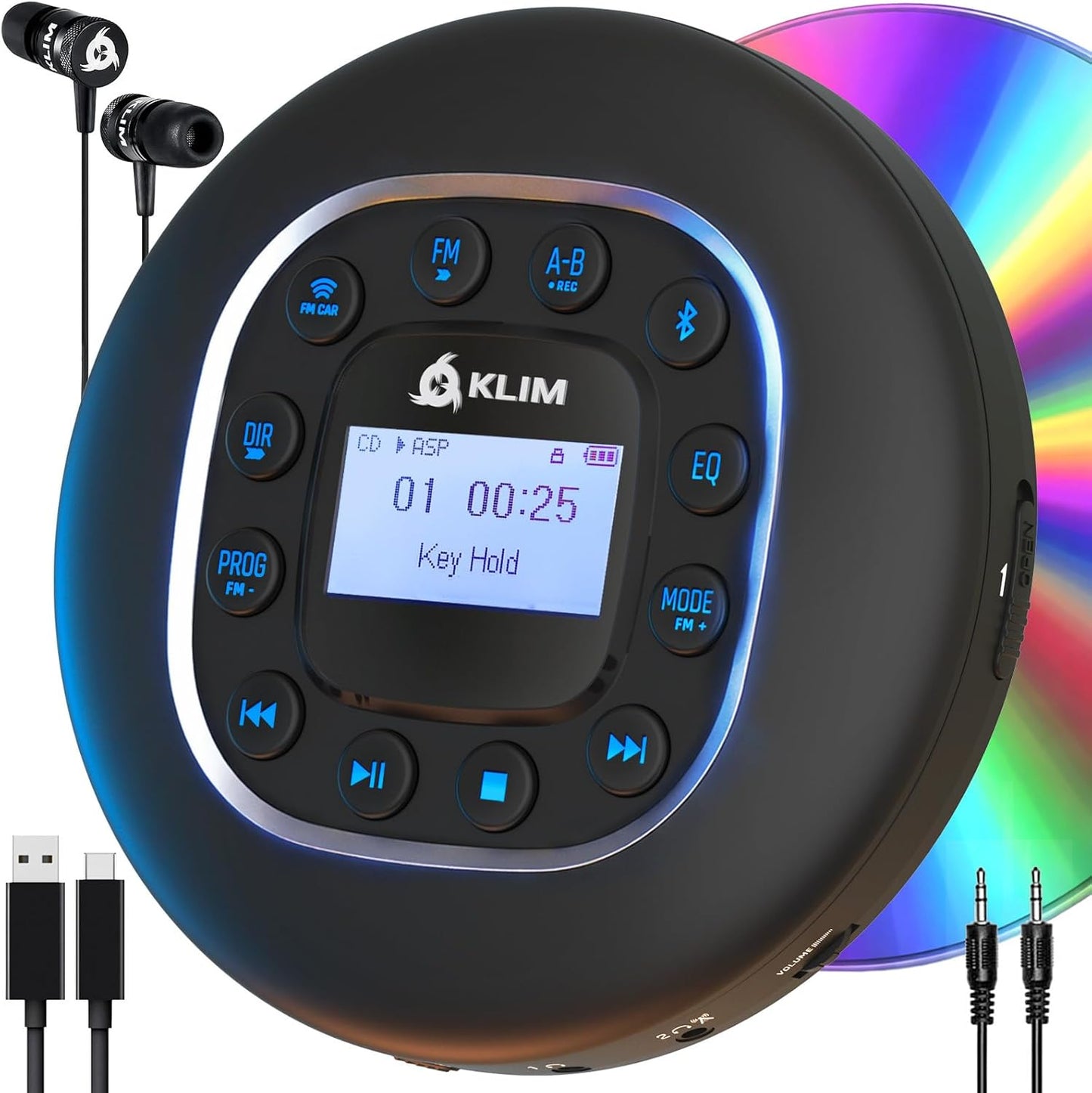KLIM MP3 Journey - Portable CD Player with Long-Lasting Battery - New - with Headphones - Radio FM - Compatible CD