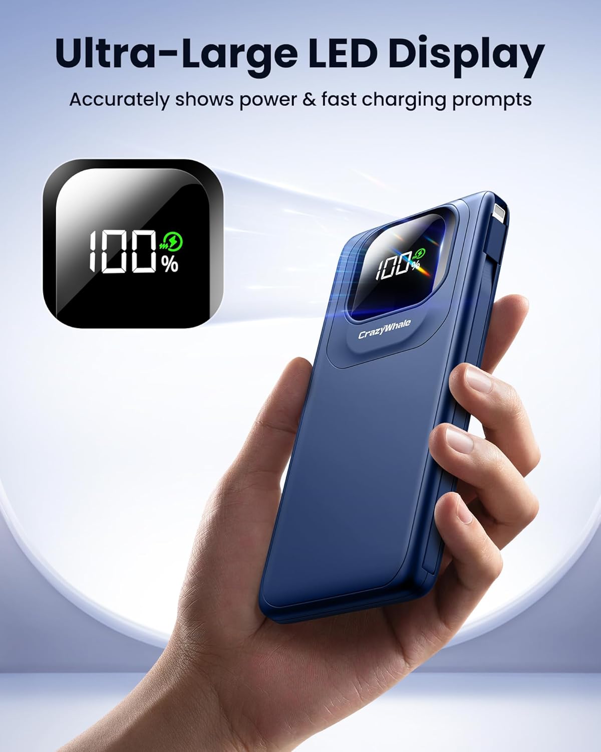 Crazywhale 22.5W 10000mAh Pack Portable Charger Power Bank with Built-in Type C Cables, Fast Charging Phone Charger