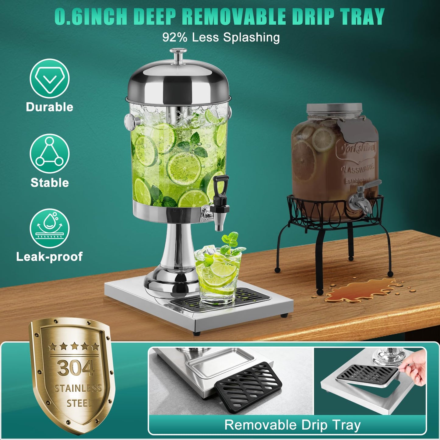 2 Gallon Drink Dispensers for Parties, Easy-to-Clean Drip Tray Design, Hot & Cold Dual-Use Stainless Steel Beverage Dispenser with Stand, Juice Dispenser with Ice Core, Spigot