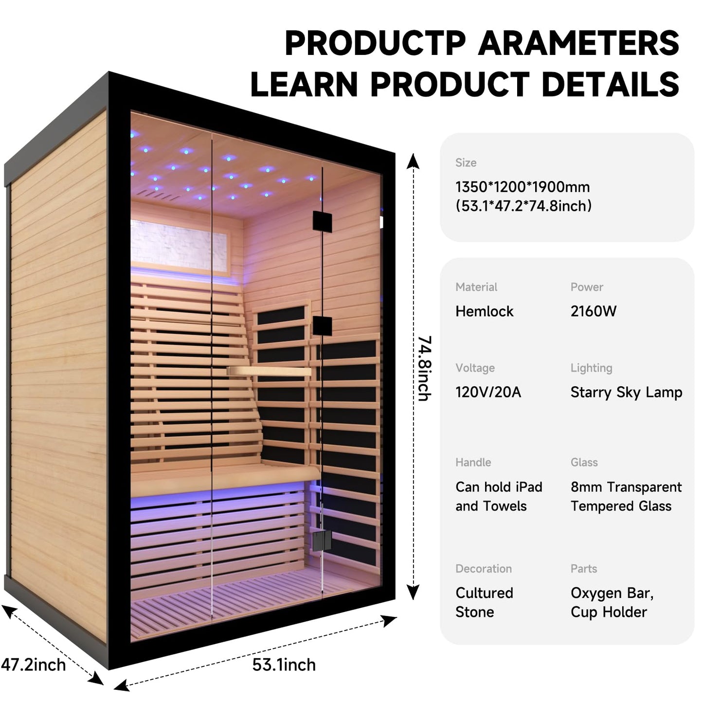 OUTEXER Sauna for 2 Person Far Infrared Saunas 2100W 120V Room Home Canadian Hemlock Indoor Low-EMF Dry Saunas with with Oxygen Bar 7 Color Light 53.1 * 47.2 * 74.8inch