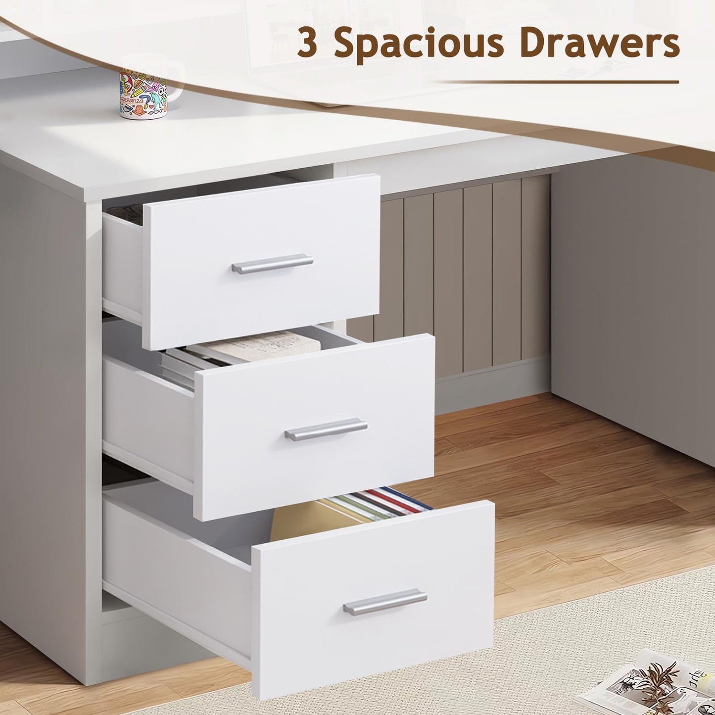 MaverickFurni White Desk with Drawers, 46" Home Office Desk with Hutch and Storage, Small Desk with 3 Drawers for Bedroom, White