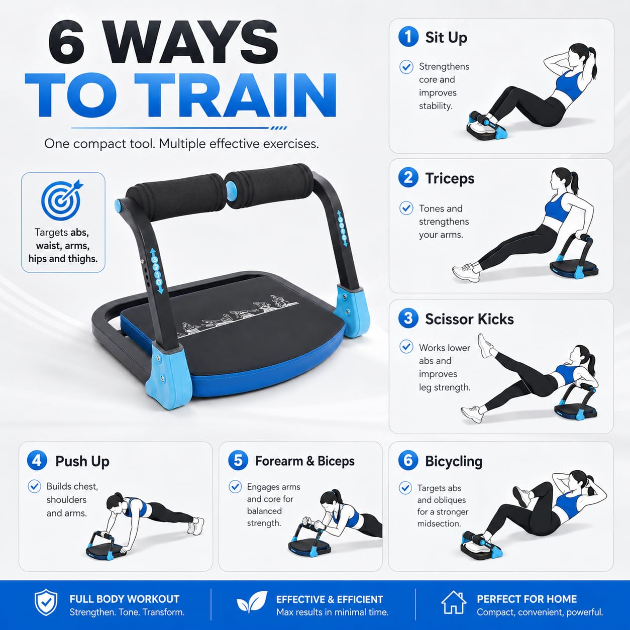 Ab Machine, Ab Workout Equipment with 3 Adjustable Resistance, Sit Up Machine & Exercise Equipment, Foldable Ab Crunch Machine for Home Gym, Modern Style, Blue and Black
