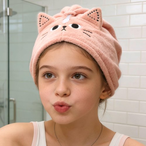 KIGOTWIN 2Pack Microfiber Hair Towel Wrap for Kids, Cute Cat Absorbent Hair Drying Turbans Head Towels for Women Girls (Pink and Gray cat)