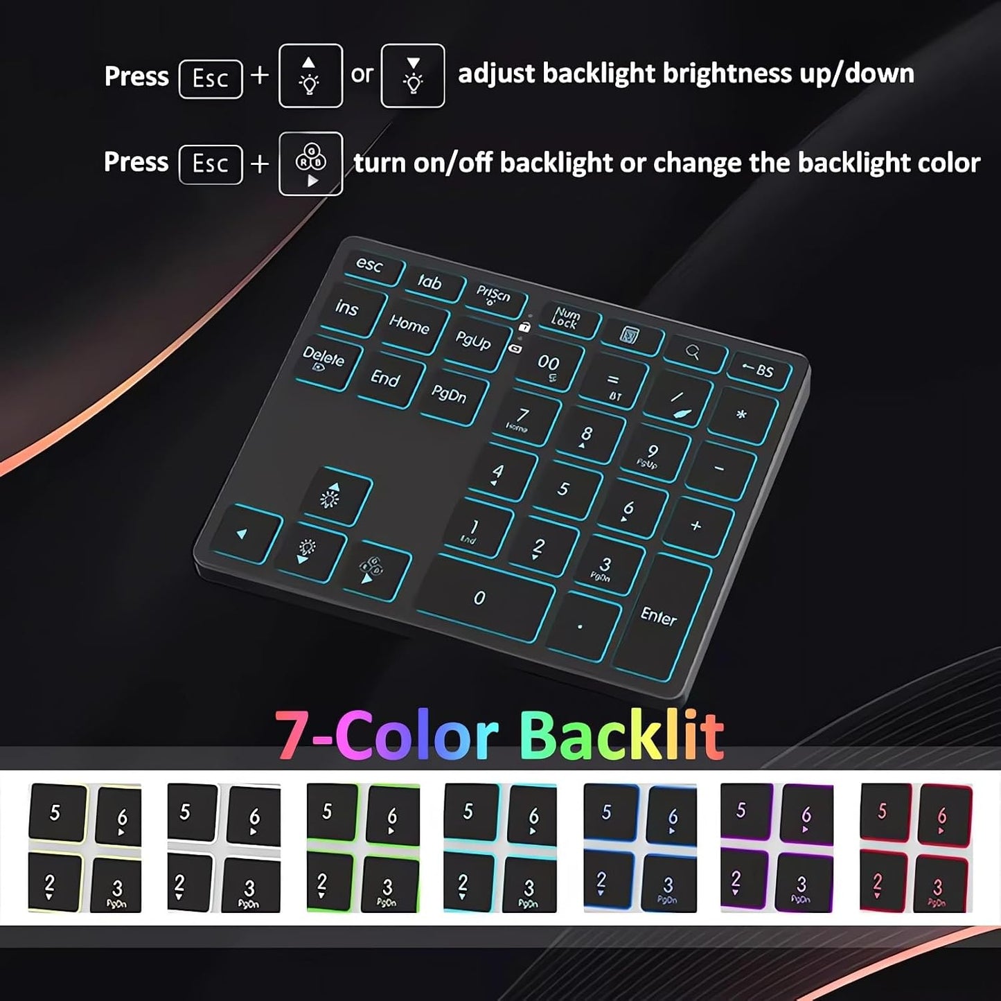 LINKEET 7-Color BT5.0/USB/2.4G 35-Key Tri-Mode Aluminum Numpad LED Backlit, Wireless Rechargeable Number Pad Scissor