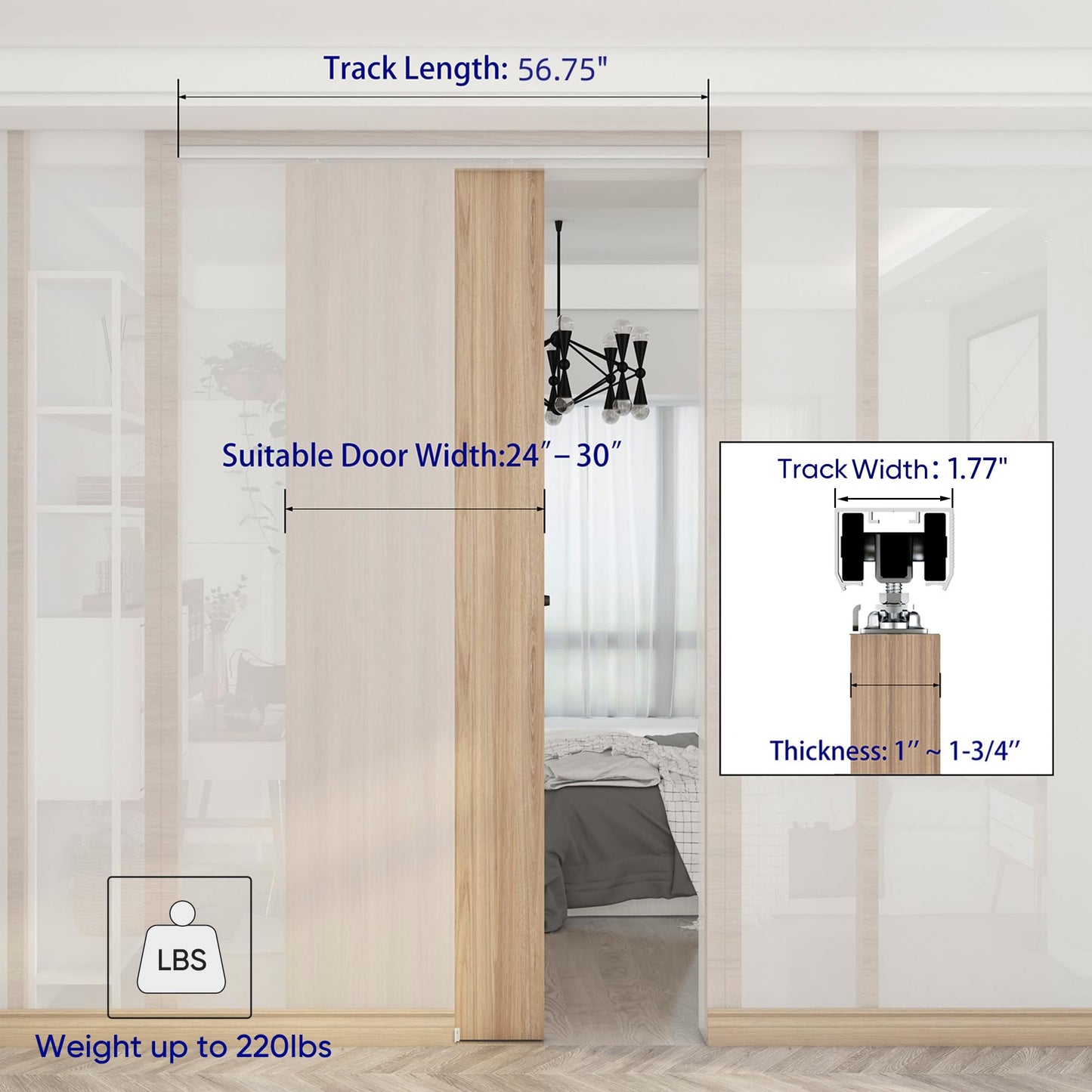 JUBEST 5FT Commercial Grade Pocket Door Hardware and Track Set, Sliding Door Hardware 56.7", Durable and Smoothly, Easy to Install
