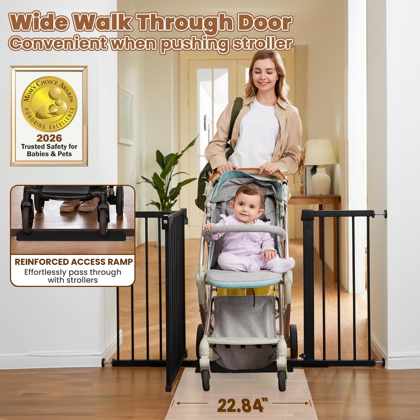Mumeasy Baby Gate Extra Wide, 29.7-51'' Pressure Mounted Dog Gate with Walk Thru Door, Auto Close Pet Gate for House, Stairs, Doorways,Black