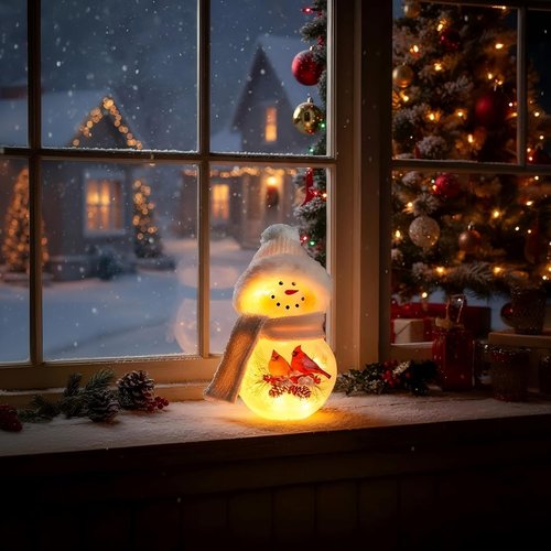 Bdor 8-Inch Snowman Christmas Decoration - Glass Figurine with Cardinal Couple & Warm Glow for Holiday Décor
