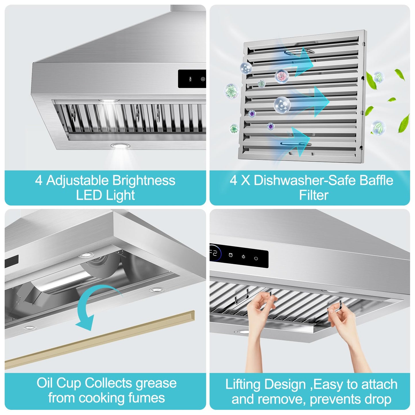 48 inch Range Hood Wall Mount, 1500 CFM with 4-Speed Gesture Sensing & Touch Control, Stainless Steel Ducted Kitchen Stove Vent Hoods with 4 LED Lights, Time Setting, Dishwasher-Safe Baffle Filters