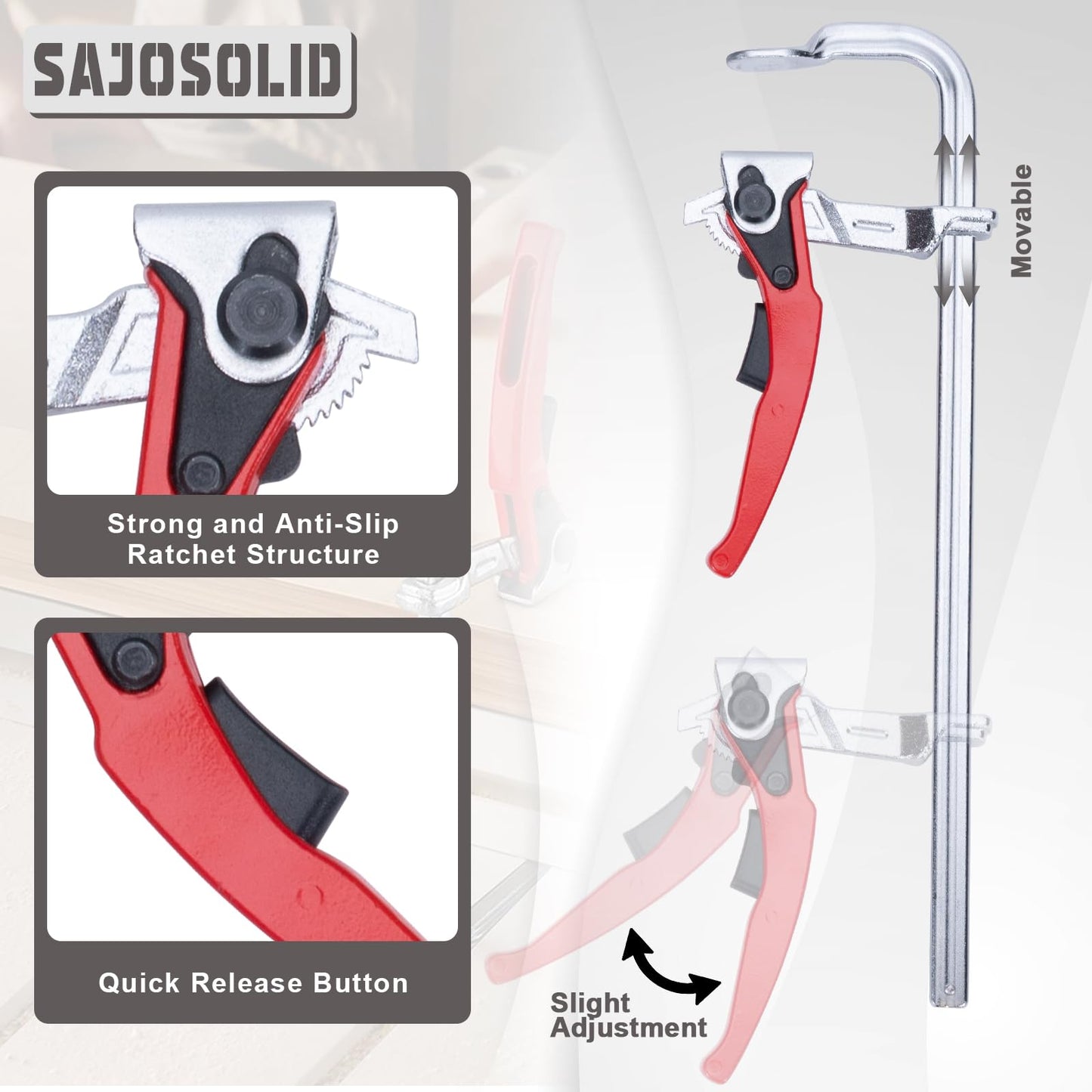 SajoSolid 6 Packs Bar Clamps Set, Throat Depth 2-3/8 Inch Heavy Duty Forged Steel Ratcheting Table Clamp, Guide Rail System with Max 330 Lbs Load Limit for Grinding, Milling, Precision Cutting