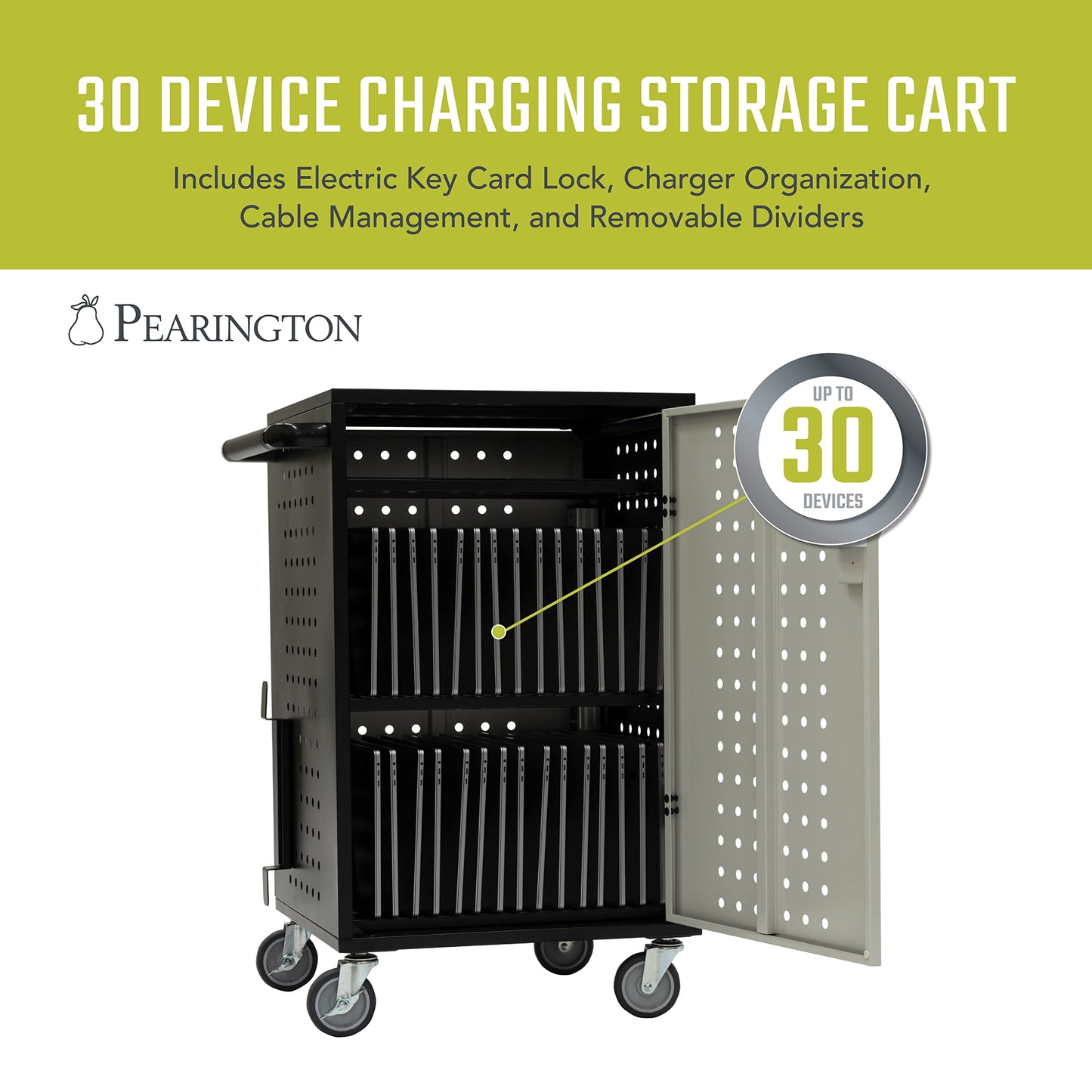 Pearington 30 Device Charging Cart with Electric Key Card Lock, Charger Organization, Cable Management, Laptop-Chromebook Charging Mobile Storage Station, Black and Grey