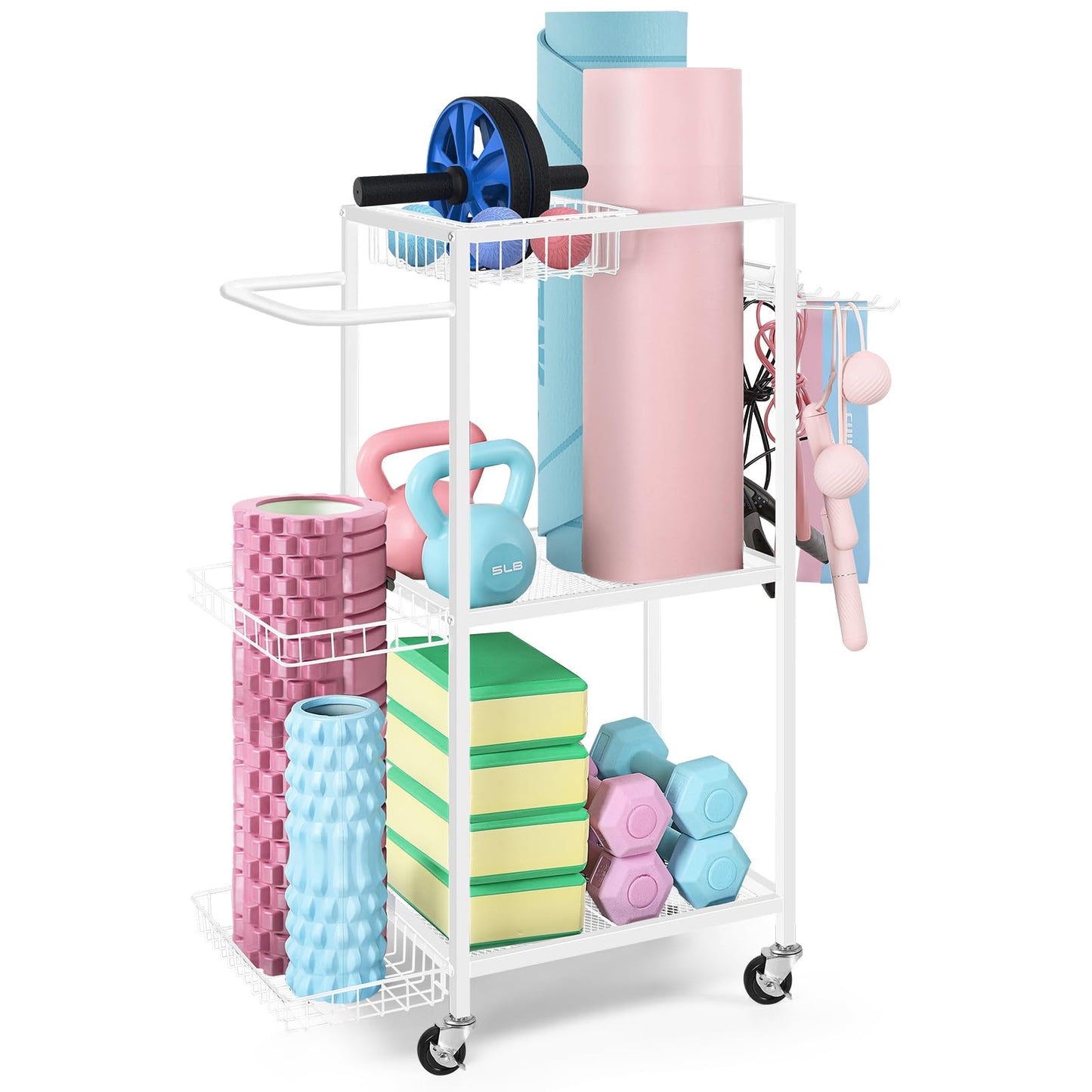 LIANTRAL Yoga Mat Storage Rack - Metal Gym Organizer for Yoga Mats, Foam Rollers & Fitness Equipment, Space Saving Workout Equipment Storage Rack for Home Exercise and Fitness Gear, White