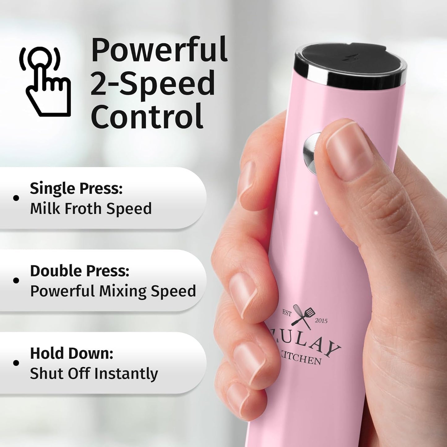 Zulay Kitchen Rechargeable Milk Frother - Powerful 2-Speed Motor, Waterproof, 2000mAh Battery | Pink Bubblegum Drink Mixer for Latte, Cappuccino & Matcha