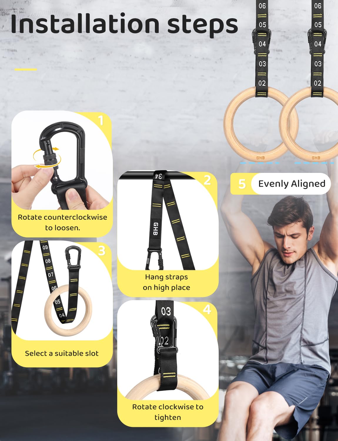 GHB Gymnastic Rings Wooden Gym Rings 1.25" Olympic Rings Adjustable Straps Pull Up Rings Sets for Workout Bodyweight Fitness Training
