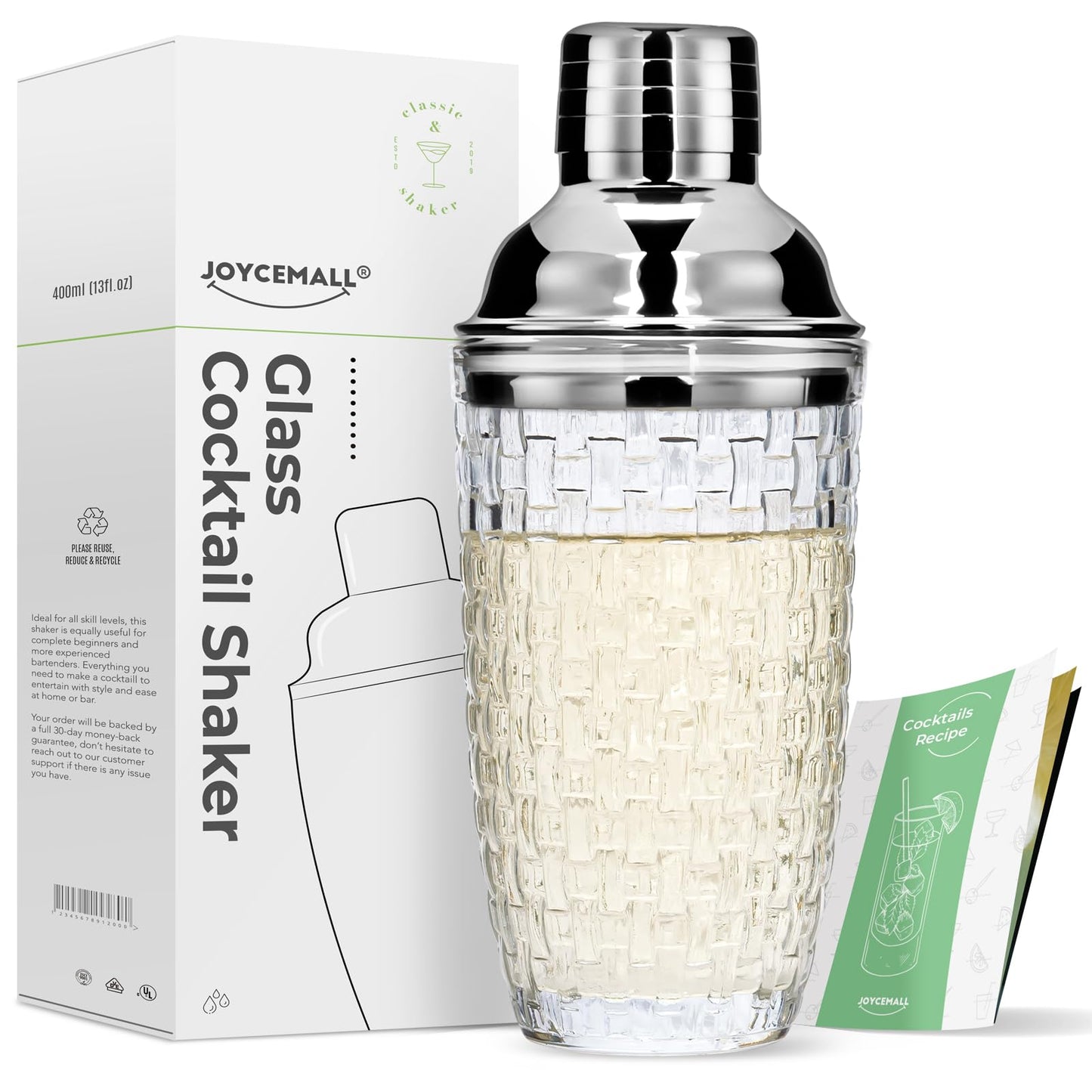 JOYCEMALL 13 oz Glass Cocktail Shaker - Leakproof Shaker Set with Metallic Steel Lid & Built - in Strainer, Professional Bar Mixing Set for Martini, Whiskey, Margarita and More Drinks - Silver