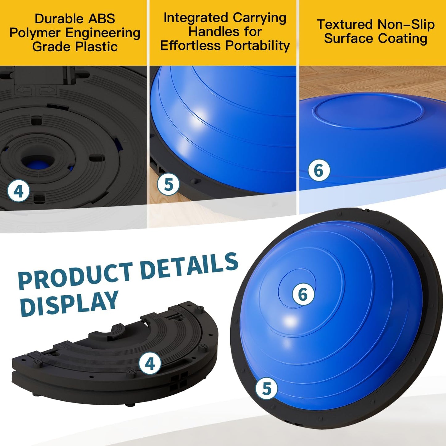 Vtory Foldable Balance Ball, Upgrate Half Ball Balance Trainer, 1300 lbs Capacity Stability Ball, 23.5 Inch Yoga Half Ball, with Resistance Band & Foot Pump, No-slip