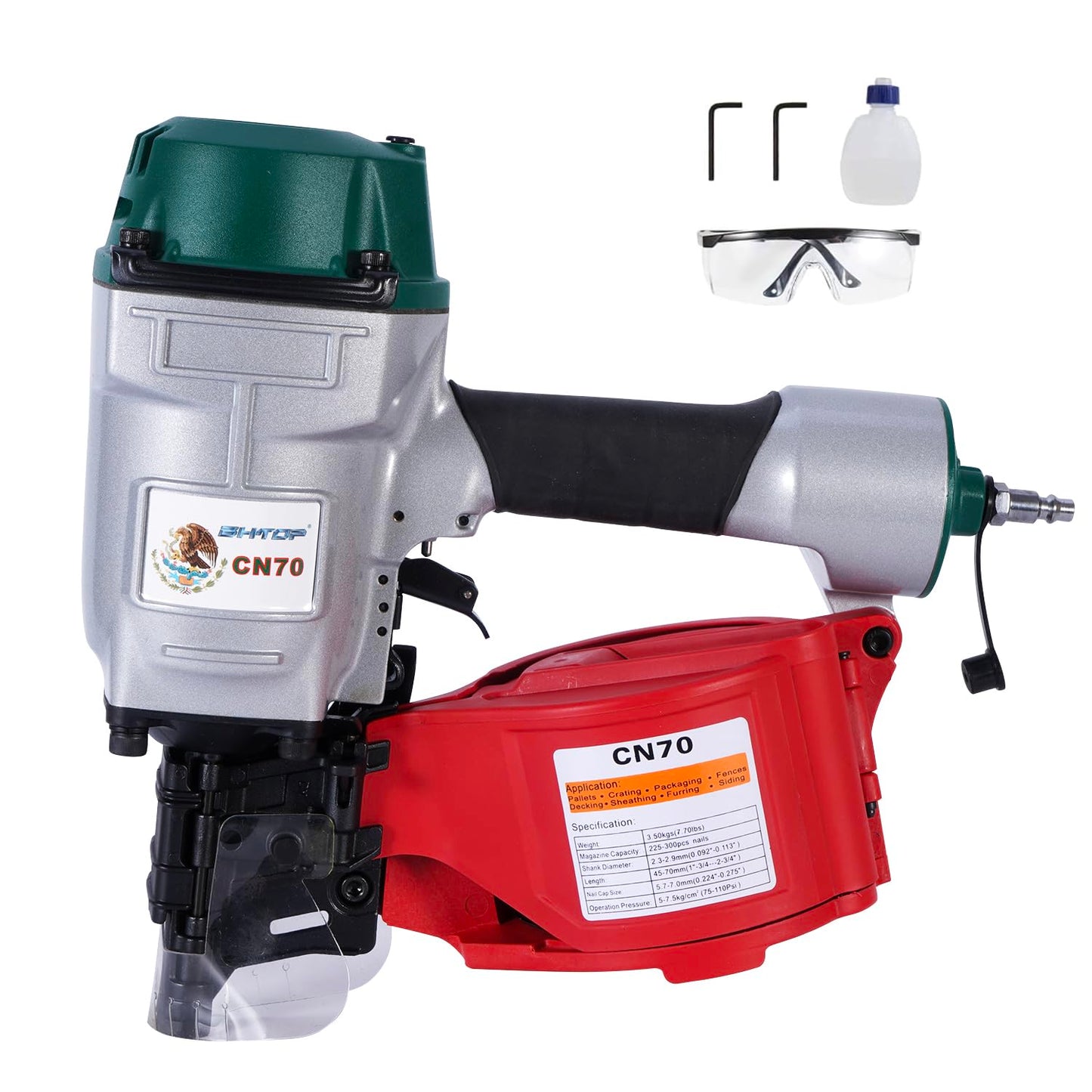 BHTOP Mexican Style CN70 Coil Siding Nail Gun, 15 Degree Pneumatic Siding Nailer, 1-3/4" to 2-3/4" Coil Siding Nailer for Siding Sheathing Wooding Fencing Decking