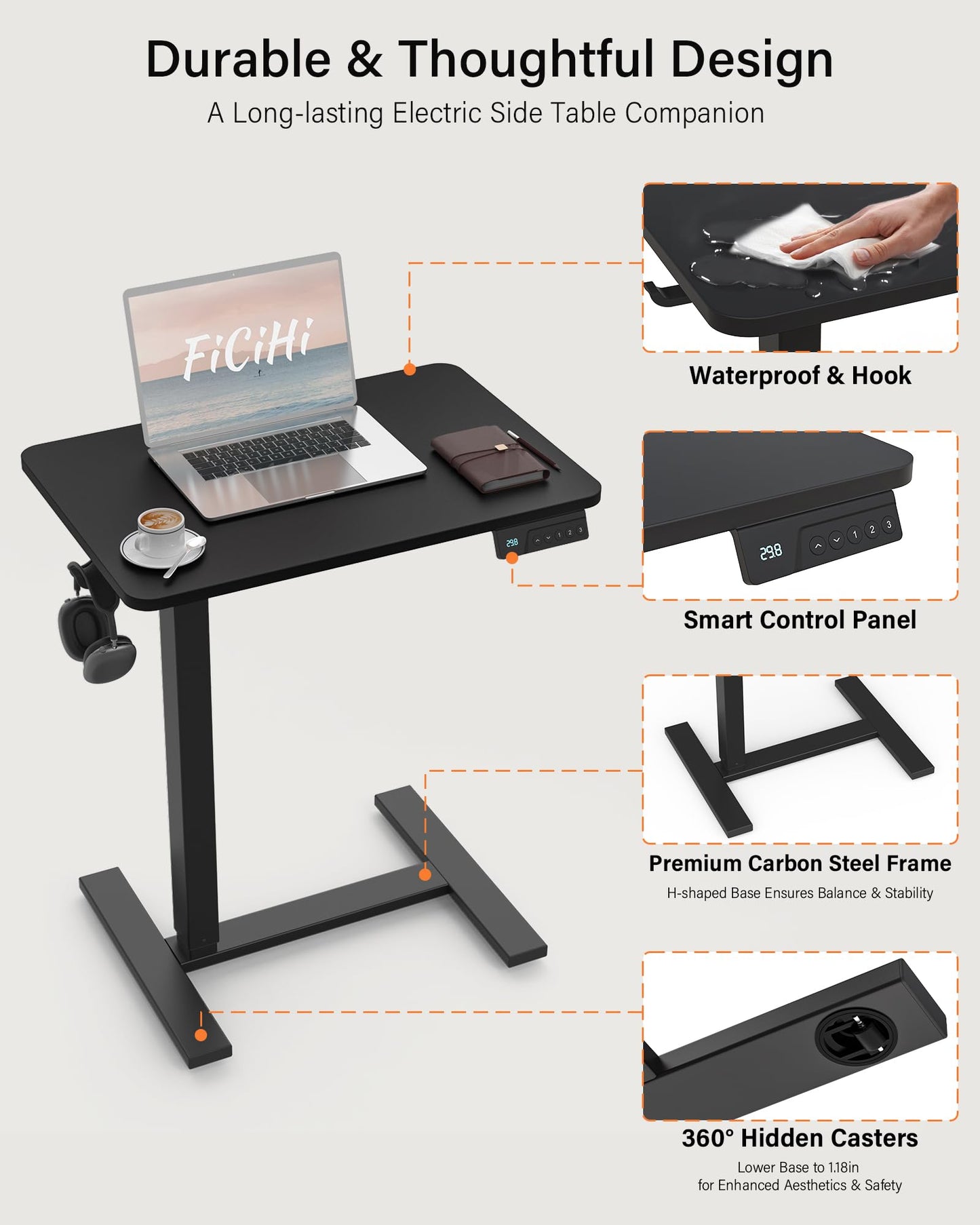 FiCiHi Electric Standing Desk with Wheels – Adjustable Height Mobile Sit-Stand Laptop Table, Portable Rolling Small Computer Workstation for Home Office & Bedside Use (28"x16", Black)