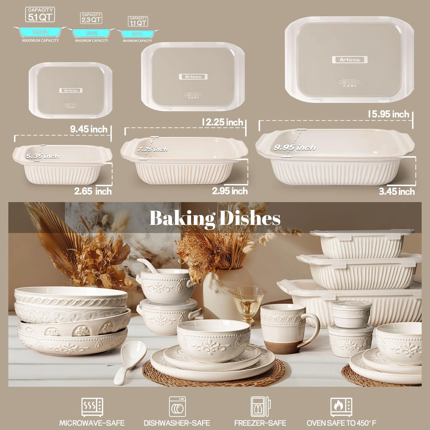 Artena Casserole Dishes For Oven, Ceramic Baking Dish, Large Lasagna Pan With Handles, Baking Pan Casserole Dish, Rectangular Bakeware Deep, White, Set Of 3 (5.1Qt/2.3Qt/1.1Qt) (Baking Dish With Lids)