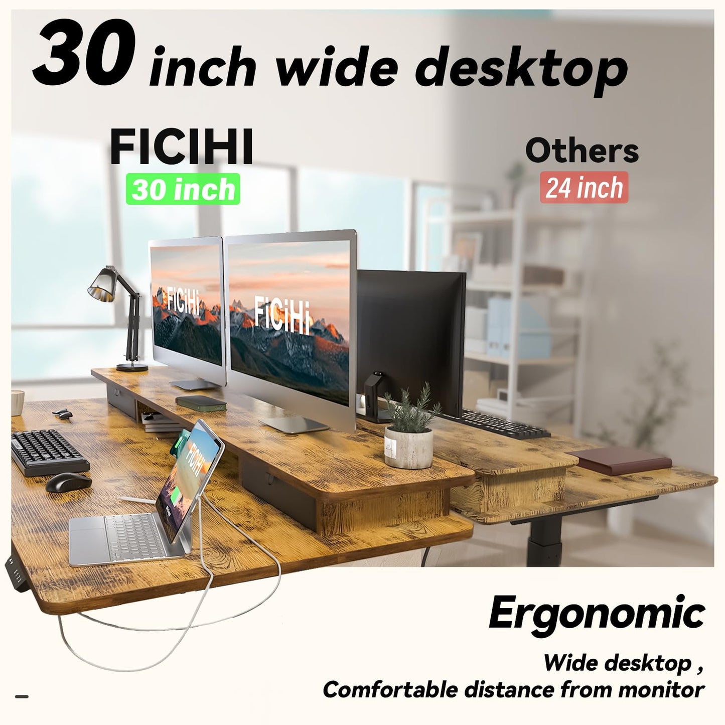 FiCiHi Adjustable Height Standing Desk with 4 Drawers,63 x 30 inches Electric Sit Stand Home Office Desk with Two Tiers, 3 Memory Presets, Monitor Stand Riser, USB A/C Charging Port
