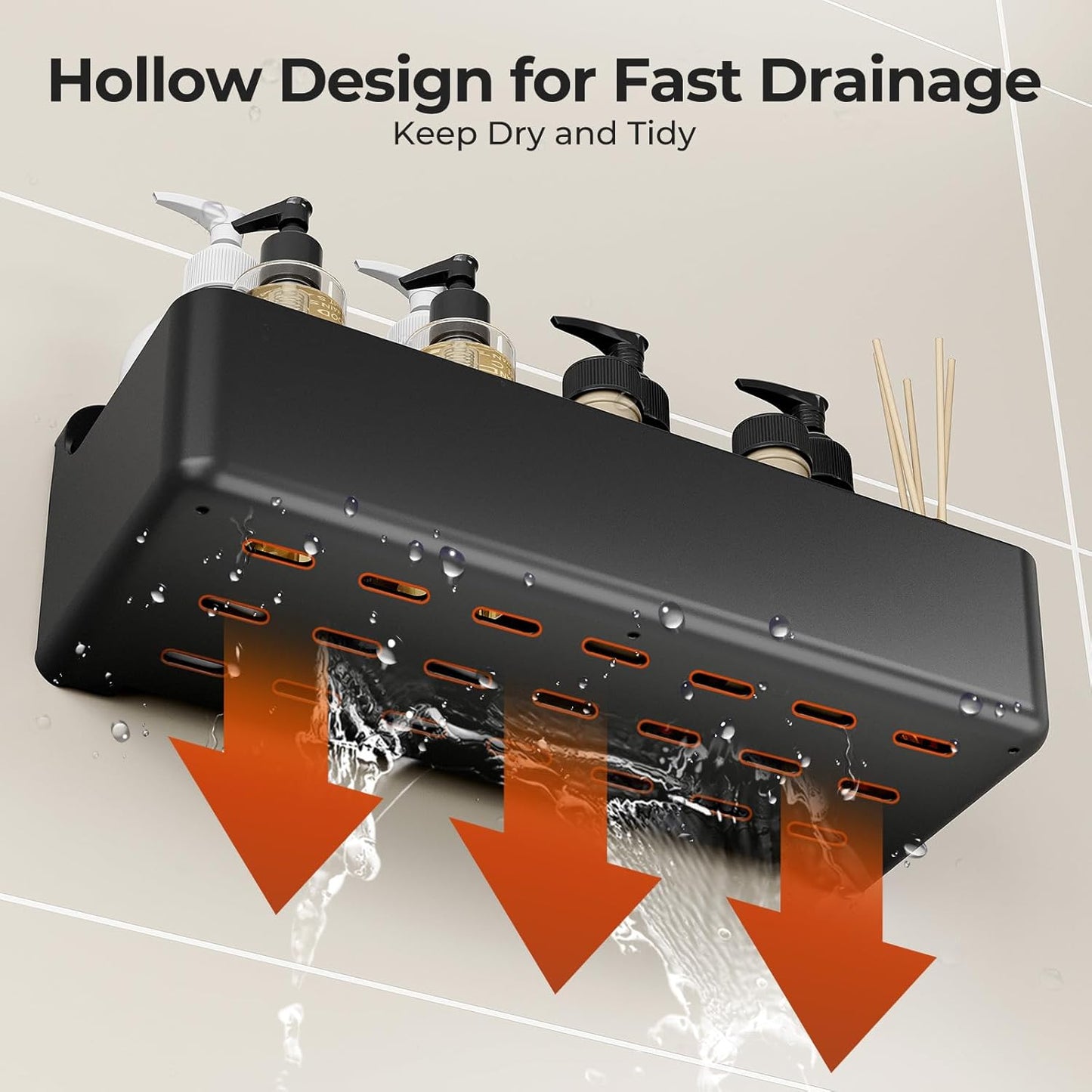 Orimade Shower Caddy - No-Drill Adhesive Shelves with 4 Hooks | Rustproof ABS Plastic, Black - 3-Pack