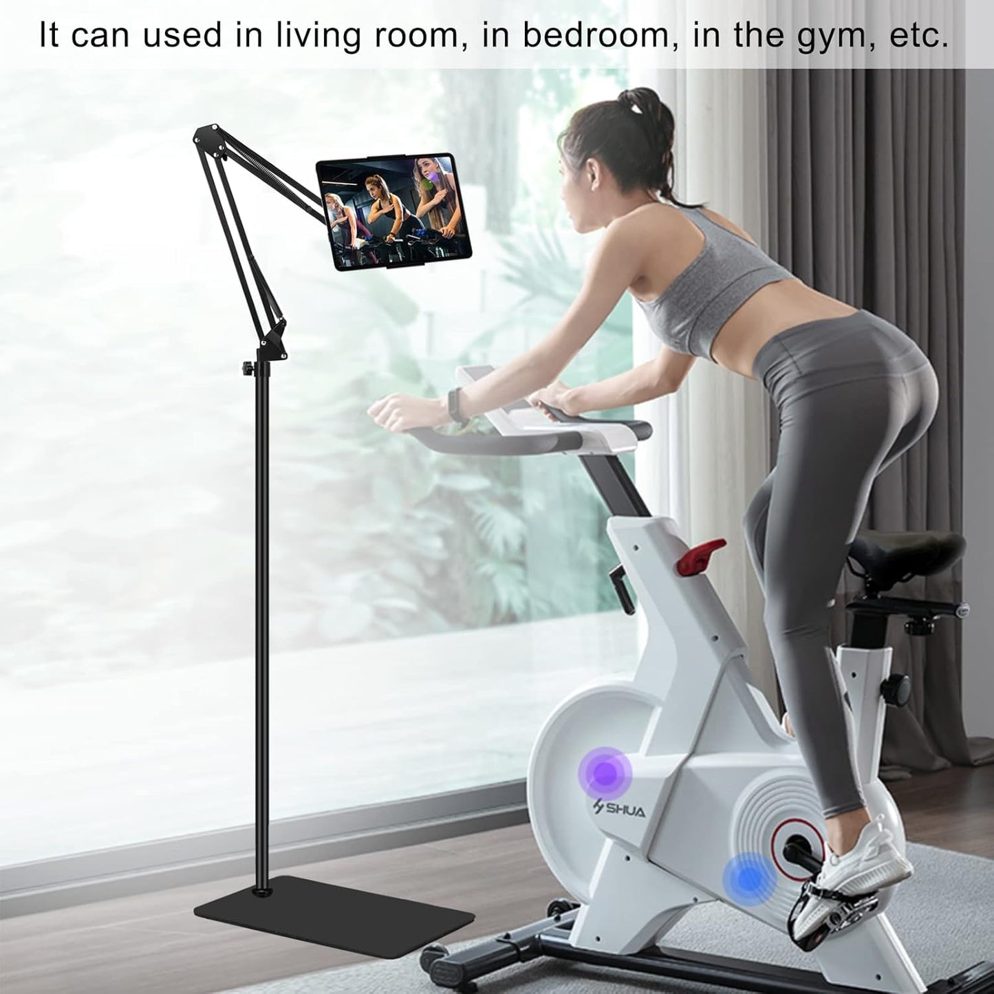 SAMHOUSING 6LB Tablet Floor Stand with Weight, Overhead Bed phone Stand Angle Height Adjustable Arm Stretchable Stand