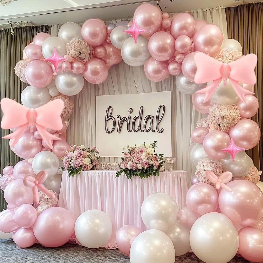 Skiennix Pearl Pink Balloon Arch - Light Pink Foil Bow & Star Balloons for Birthday & Baby Showers