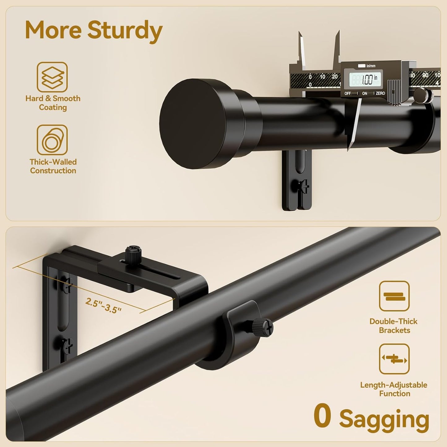 YaFex Curtain Rods - Heavy Duty 1 Inch Adjustable Window Treatment Rods | 32-118 Inch, Black Finish