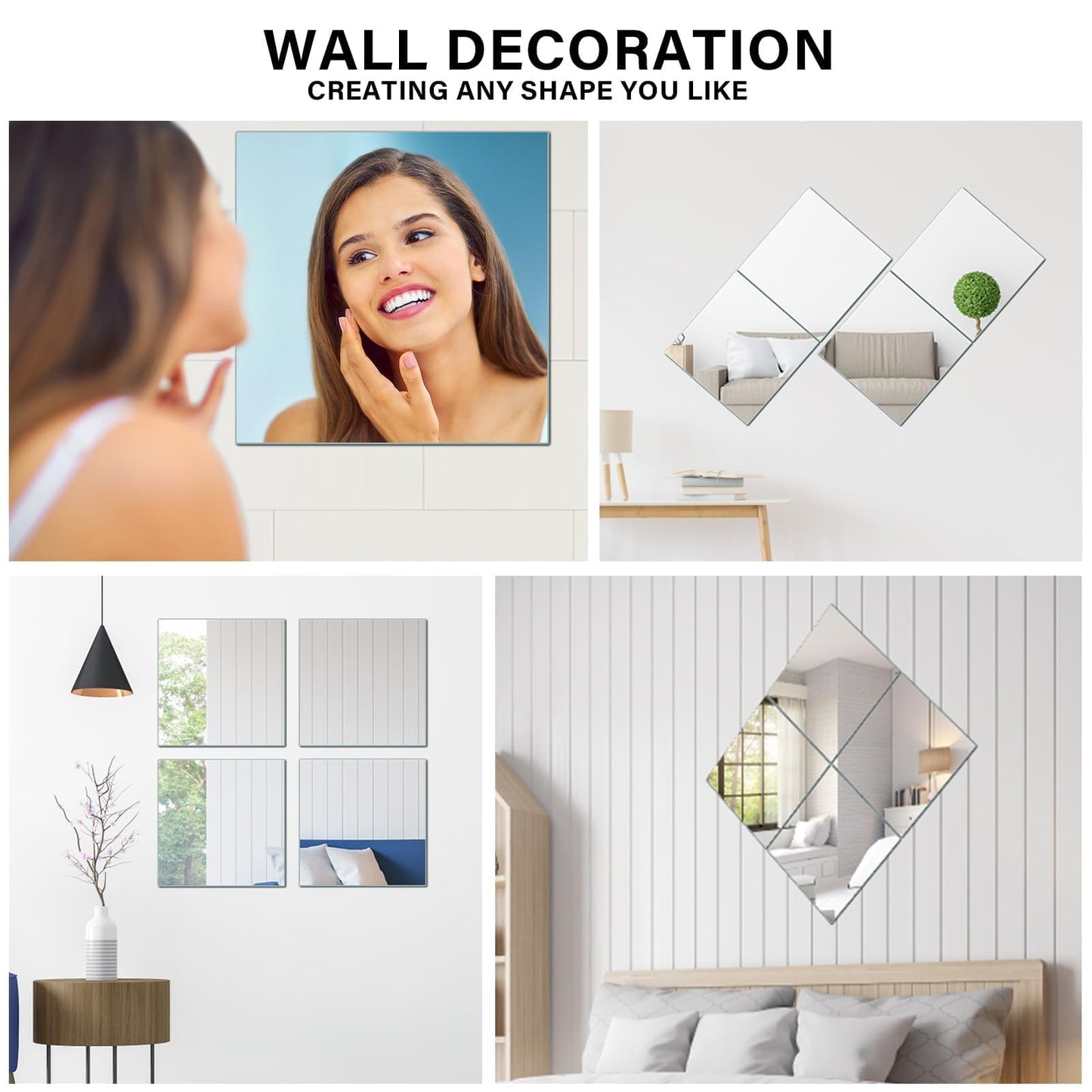 VSAR House Home Gym Mirror, 12Pcs 12" Square Wall Mirror Tiles, Frameless HD Glass Full Length Wall Mirrors for Wall Decor, Bedroom, Living Room, Over The Door, Self Adhesive
