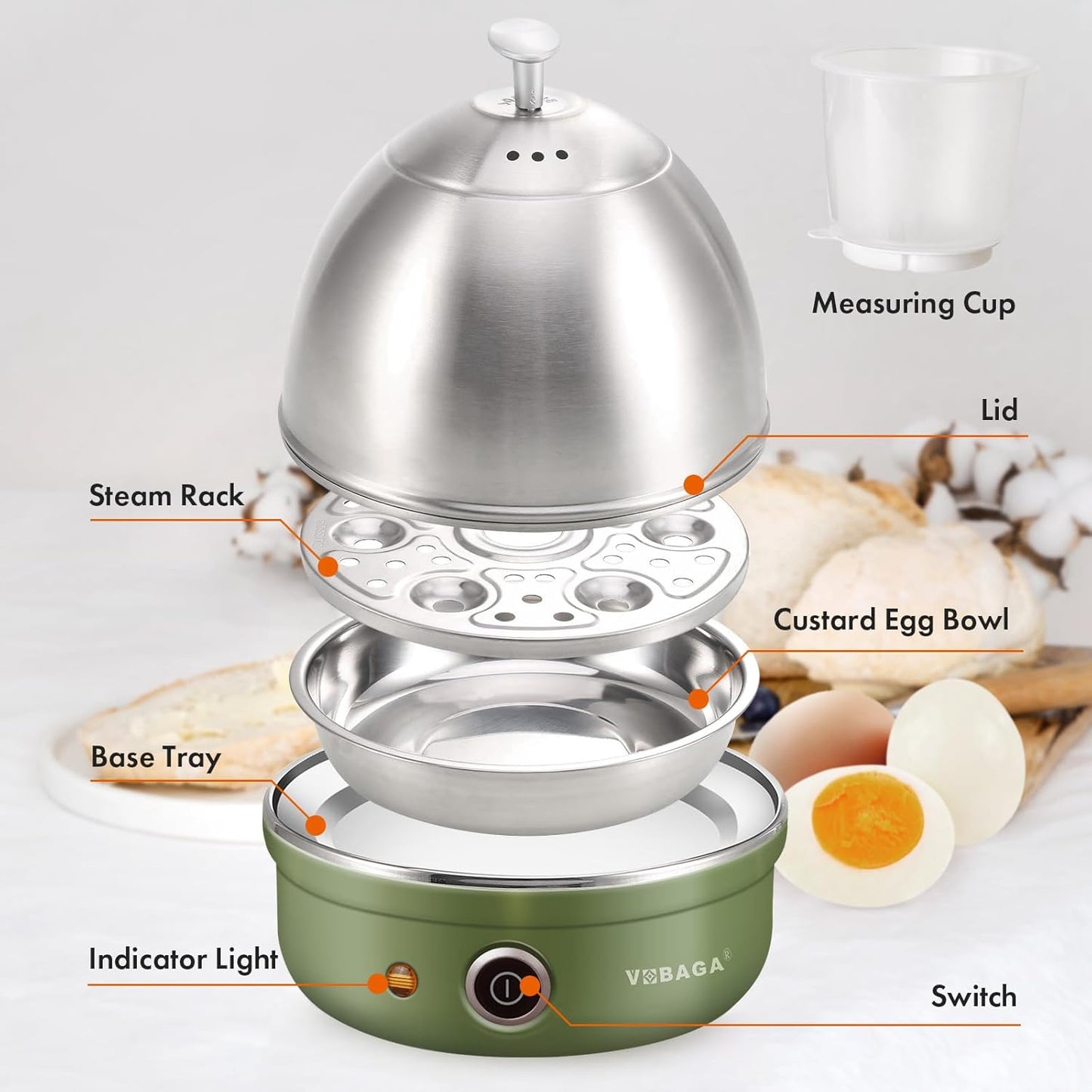VOBAGA Electric Egg Cooker - Rapid Boiler with Auto Shut Off for Soft, Medium, Hard Boiled Eggs | 7-Egg Capacity, Green