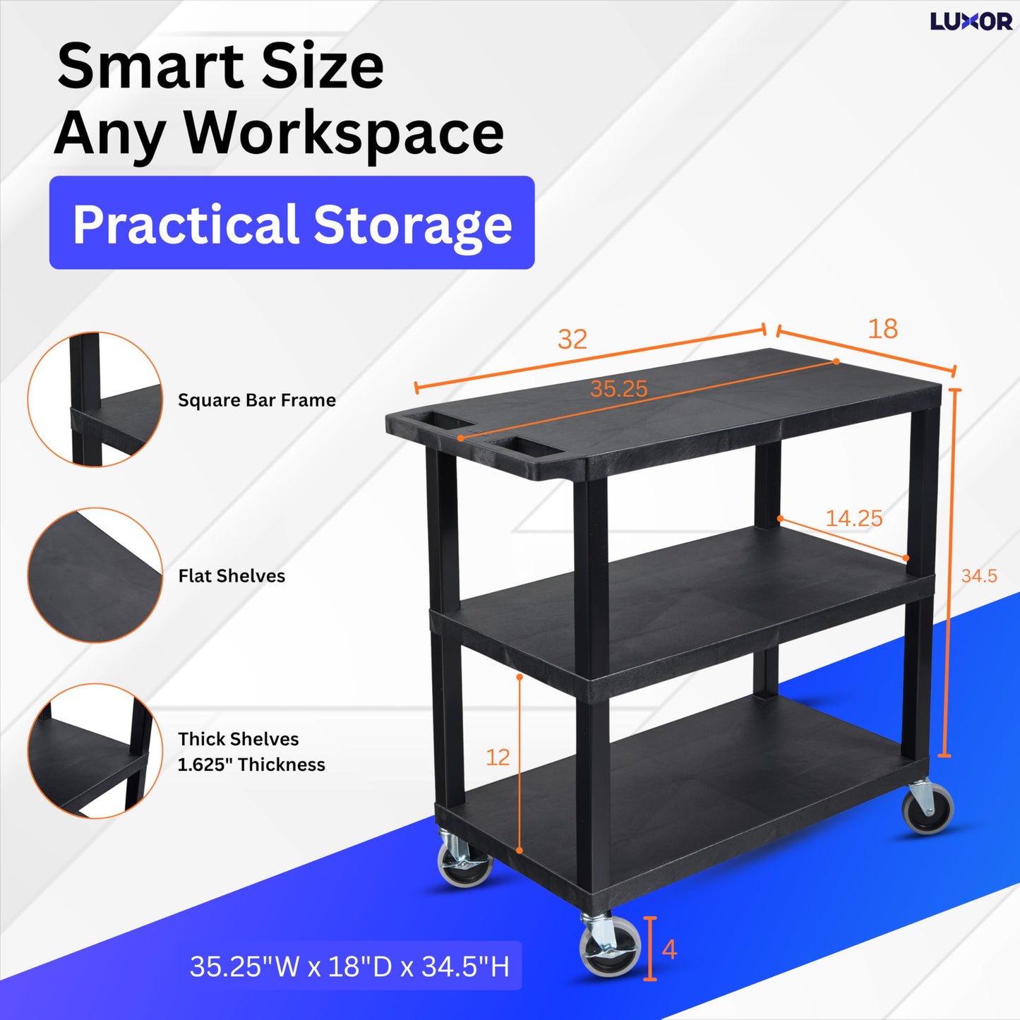 Luxor EC222-B Multipurpose Utility Cart, 32" x 18", 1.62" Thick Flat Shelves, Ergonomic Push Handle, 4" Full-swivel Casters, Locking Brake, 300 lbs Max Capacity, Black