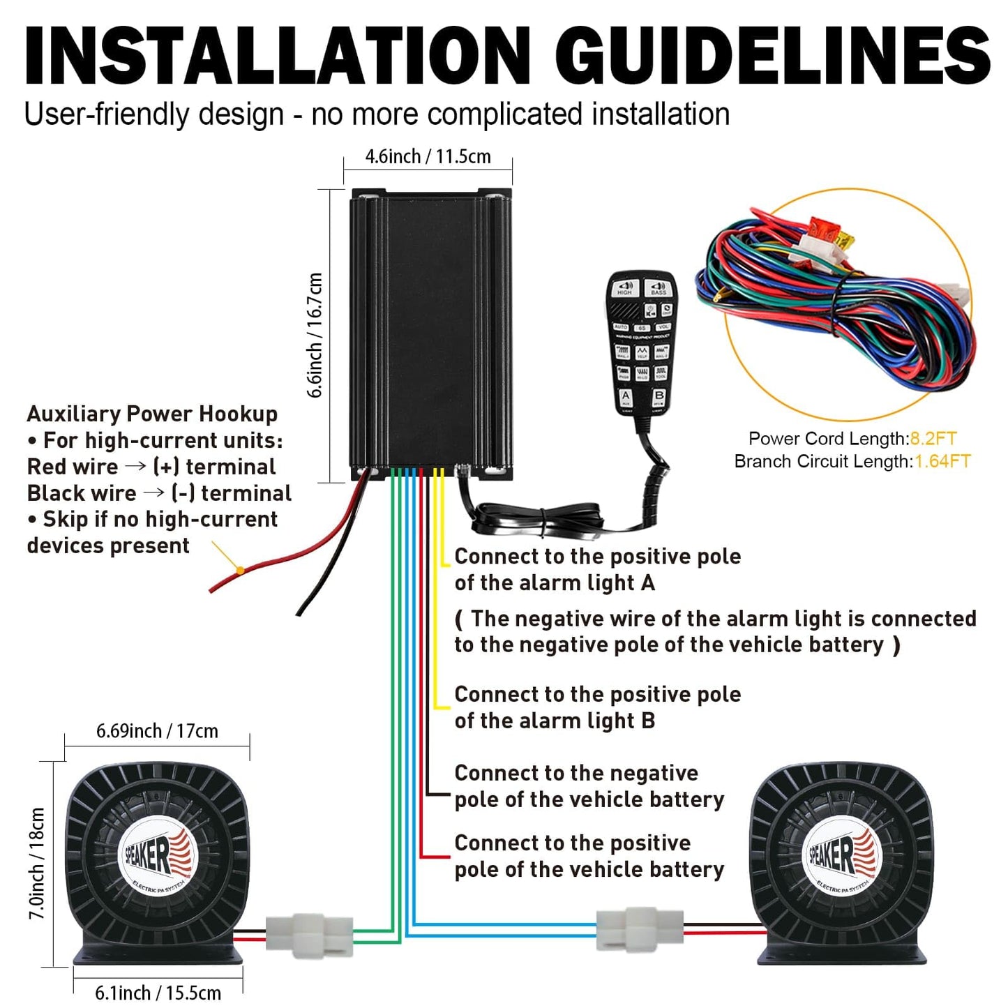 Emergency Vehicle Siren PA System, 400W Multi‑Tone Car PA System with Mic, Extra‑Slim Speaker for Tow Truck Pickup Ambulance SUVs—Police Horn for Vehicles, Car Alarm Siren