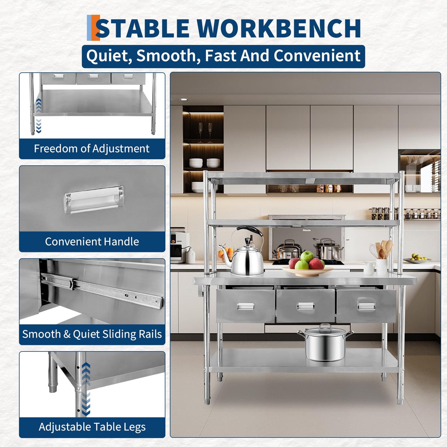 Stainless Steel Table with Overshelves & Drawers, 60" X 24" Commercial Work Tables with 60" X 30" Shelf & 3 Drawers, Metal Kitchen Prep Table with Paper Towel Holder for Home Restaurant Garage