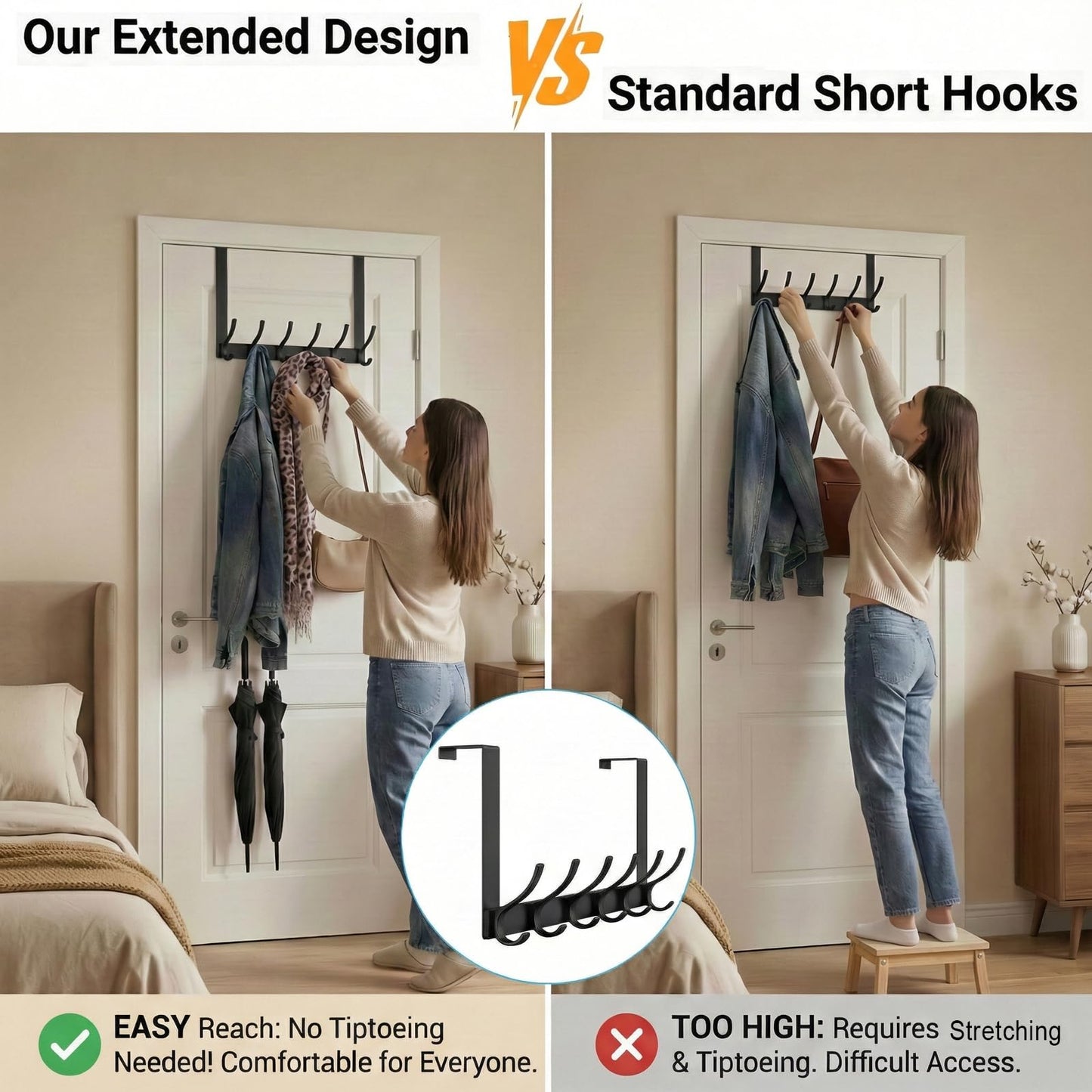 Peasulin 2 Pack Large Over The Door Hooks, Sturdy Door Hanger with 12 Hooks, Door Towel Rack for Bathroom, Bedroom, Kitchen, Coat Rack for Hanging, Easy to Install (Black)