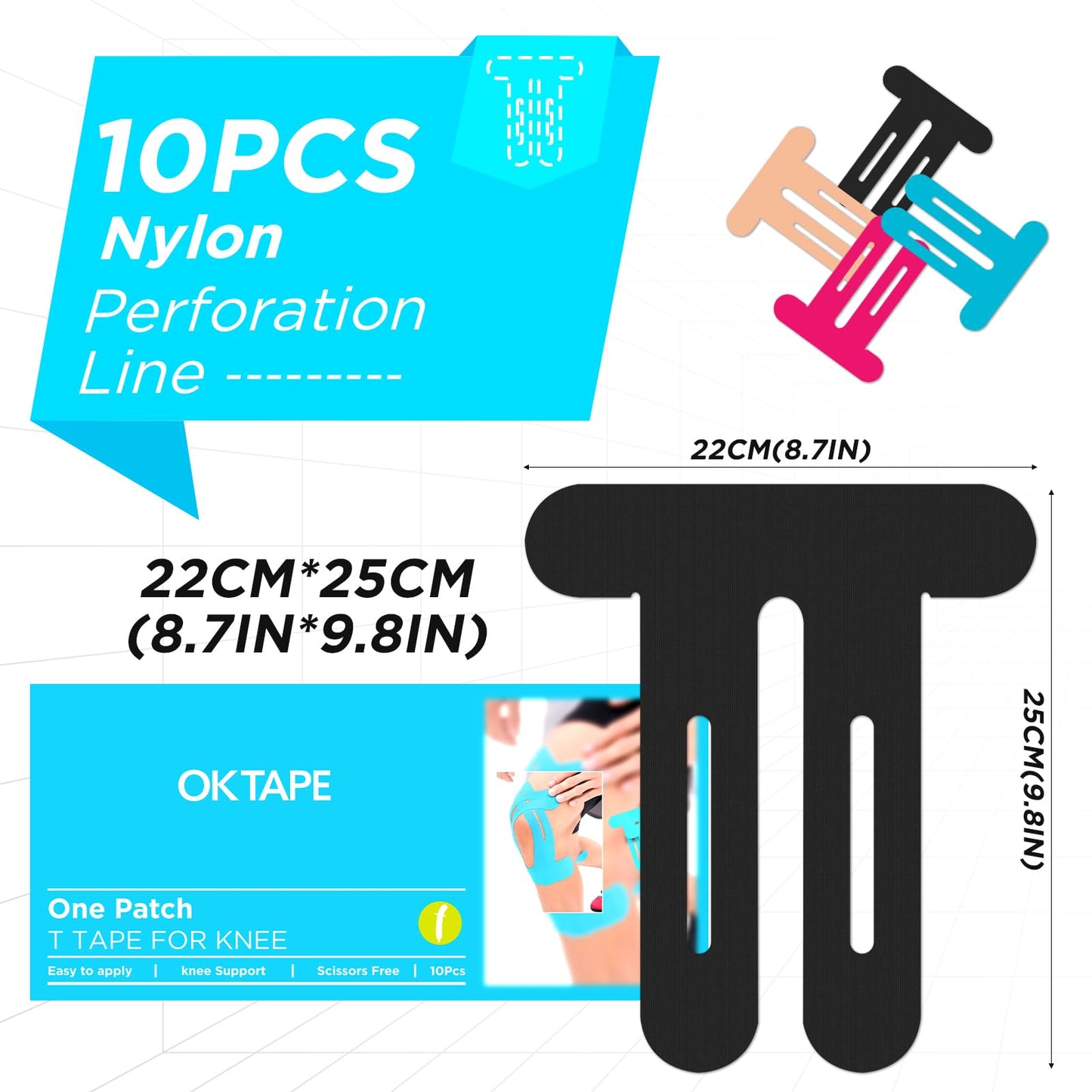 OK TAPE Nylon Kinesiology Tape for Knee, 10 Pcs Stretchable on Four Sides Precut Strips, Athletic Tape for Knee Support & Stability,Breathable and Hypoallergenic, Black