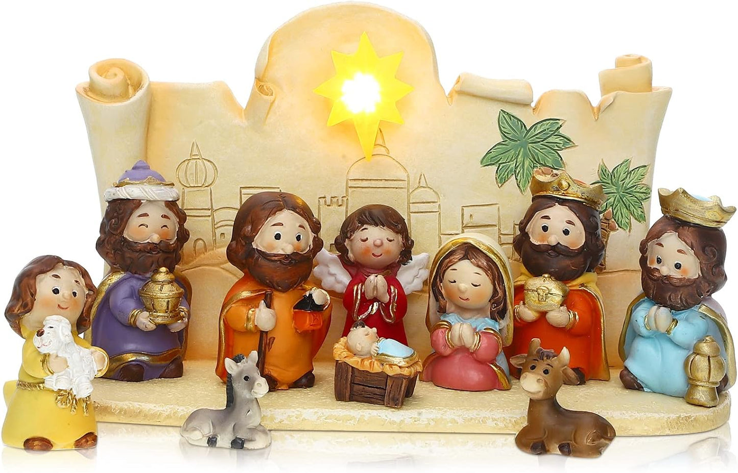 Skiennix Mini Christmas Nativity Set - 11 Colorful Figurines with Light & Rearrangeable Manger Decor