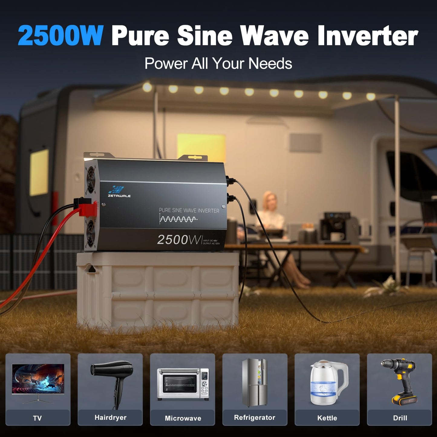 2500W Pure Sine Wave Inverter 48V DC to 110V/120V AC Converter, 5000W Peak, High-Efficiency Off-Grid Solar Power Inverter, 4 AC Outlets, USB & Type-C, LCD Remote Control