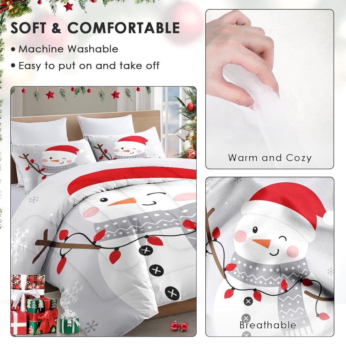 WeCozy Full Size Comforter Set with 2 Pillowcases, Christmas Gray Cute Santa Snowman Soft 3 Pcs Bedding for Kids and Adults Bedroom Bed Decor